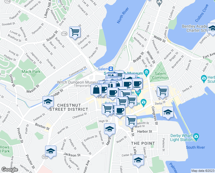 map of restaurants, bars, coffee shops, grocery stores, and more near 284 Essex Street in Salem