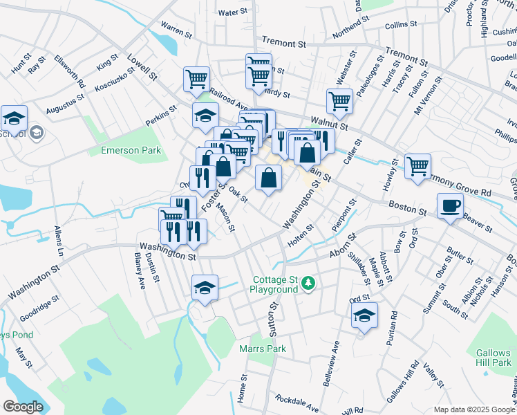 map of restaurants, bars, coffee shops, grocery stores, and more near 25 Oak Street in Peabody