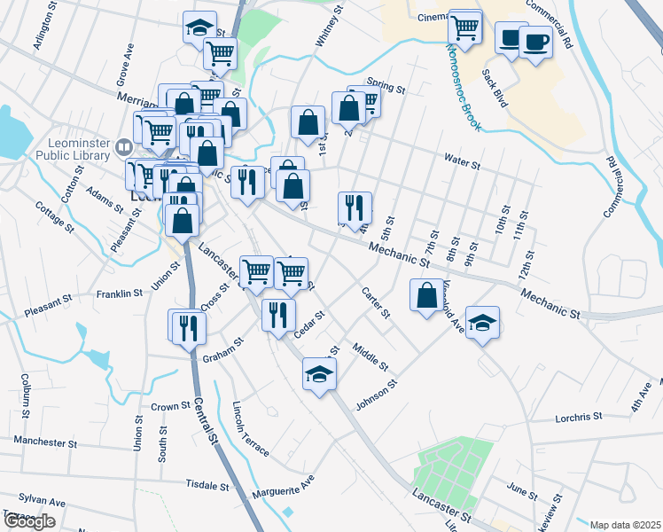 map of restaurants, bars, coffee shops, grocery stores, and more near 44 Walker Street in Leominster