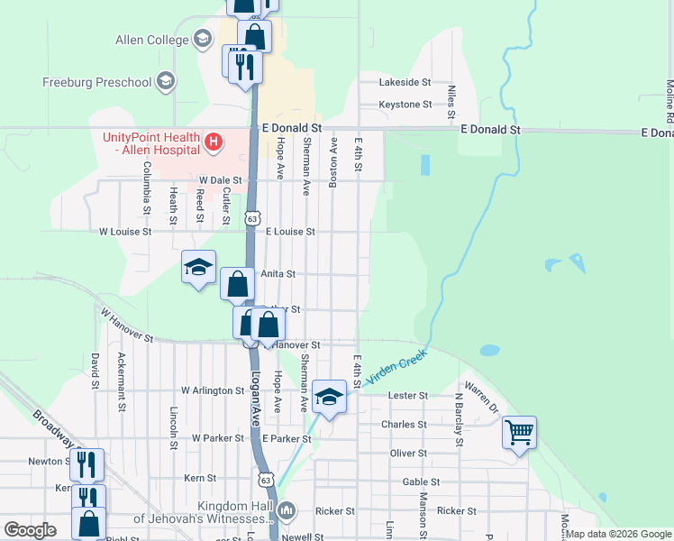 map of restaurants, bars, coffee shops, grocery stores, and more near 421 Boston Avenue in Waterloo