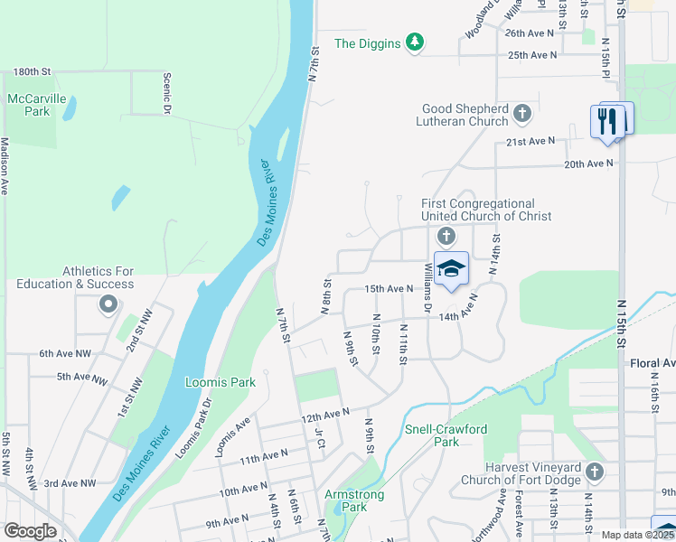 map of restaurants, bars, coffee shops, grocery stores, and more near 1522-1528 North 9th Street in Fort Dodge