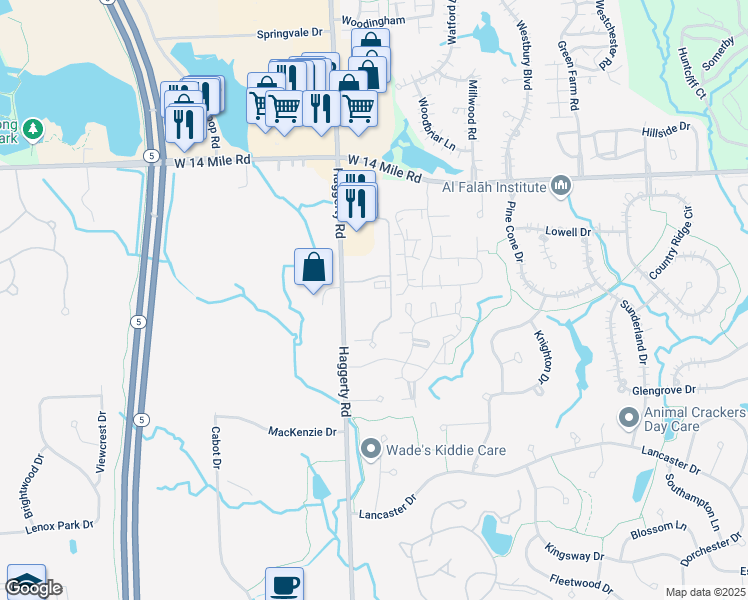 map of restaurants, bars, coffee shops, grocery stores, and more near 39365 Village Green Boulevard in Farmington Hills