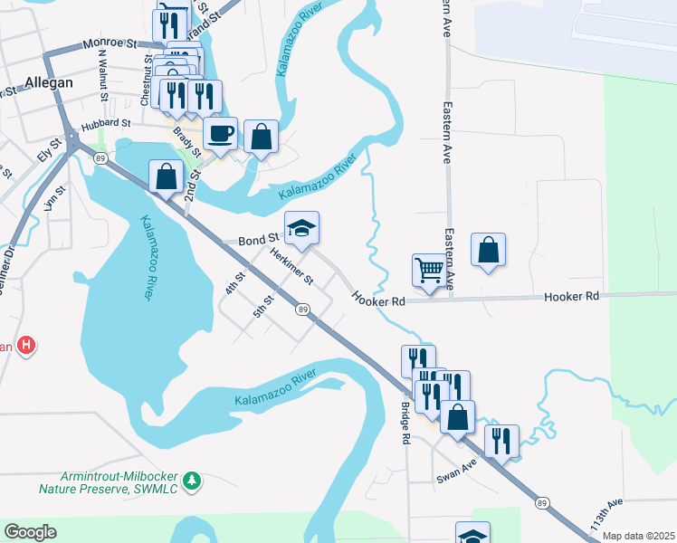map of restaurants, bars, coffee shops, grocery stores, and more near 313 114th Avenue in Allegan