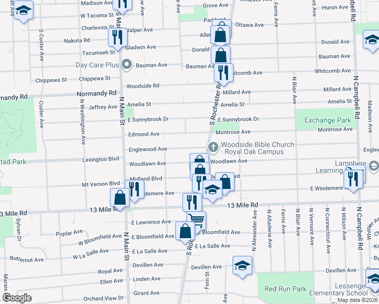 map of restaurants, bars, coffee shops, grocery stores, and more near 408 Englewood Avenue in Royal Oak