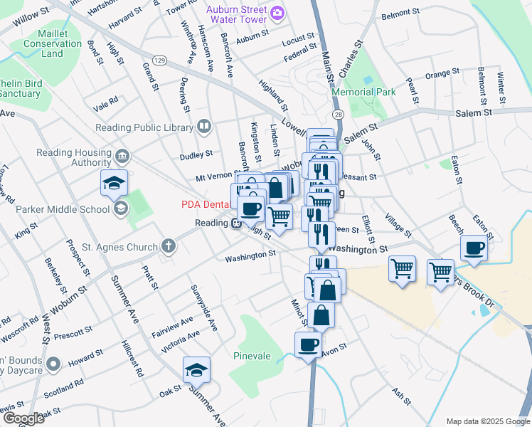 map of restaurants, bars, coffee shops, grocery stores, and more near 12 Green Street in Reading