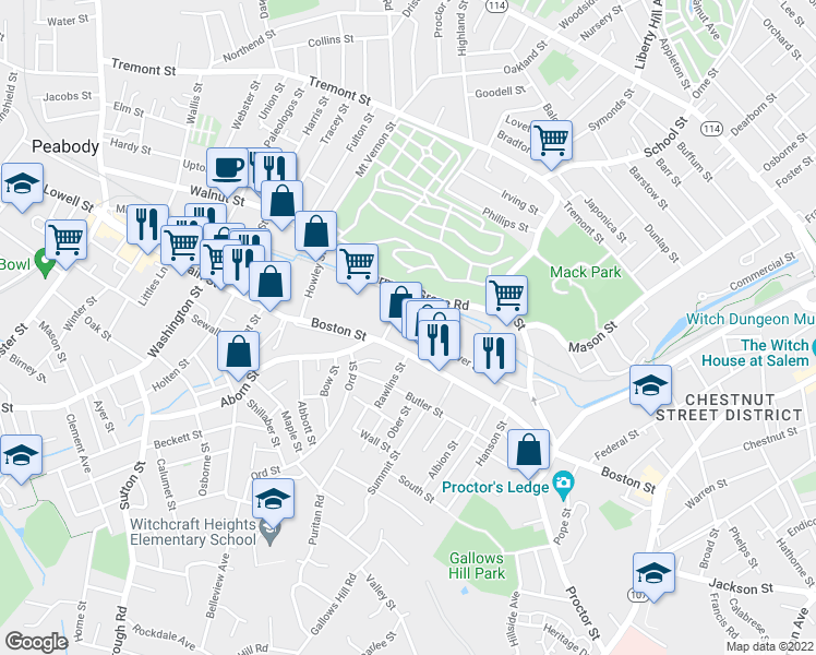 map of restaurants, bars, coffee shops, grocery stores, and more near 70 Beaver Street in Salem