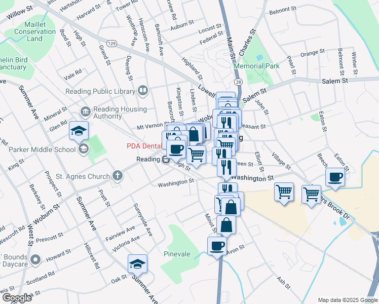 map of restaurants, bars, coffee shops, grocery stores, and more near 52 Haven Street in Reading