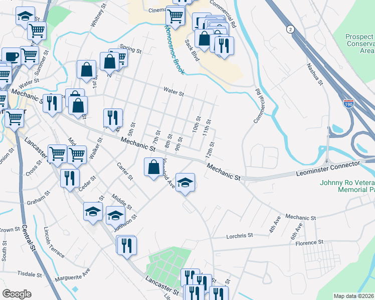 map of restaurants, bars, coffee shops, grocery stores, and more near 87 Vezina Avenue in Leominster