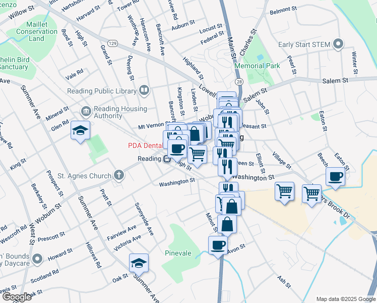map of restaurants, bars, coffee shops, grocery stores, and more near 30 Haven Street in Reading