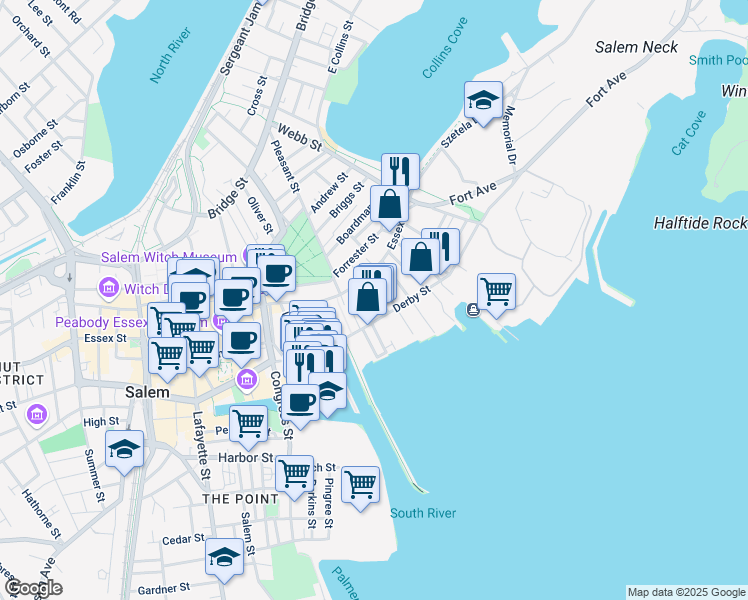 map of restaurants, bars, coffee shops, grocery stores, and more near 143 Derby Street in Salem