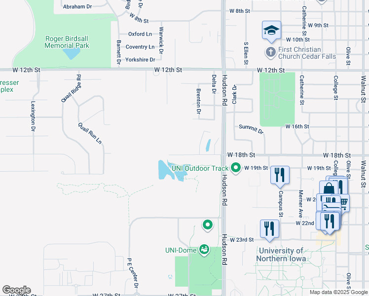map of restaurants, bars, coffee shops, grocery stores, and more near 1921 West 18th Street in Cedar Falls
