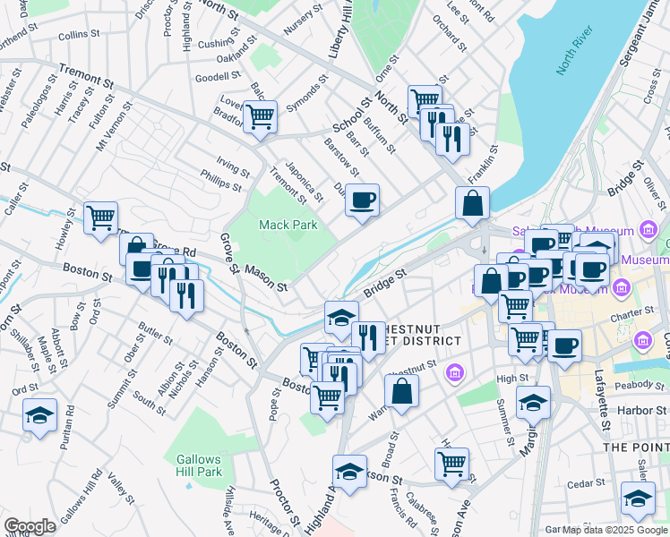 map of restaurants, bars, coffee shops, grocery stores, and more near 72 Flint Street in Salem