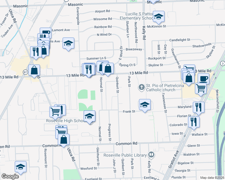 map of restaurants, bars, coffee shops, grocery stores, and more near 30687 Frank Street in Roseville