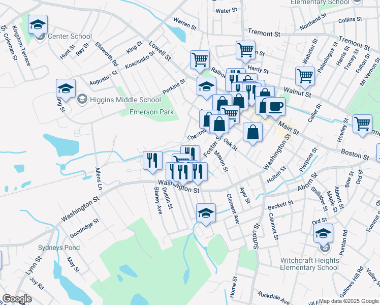 map of restaurants, bars, coffee shops, grocery stores, and more near 111 Foster Street in Peabody