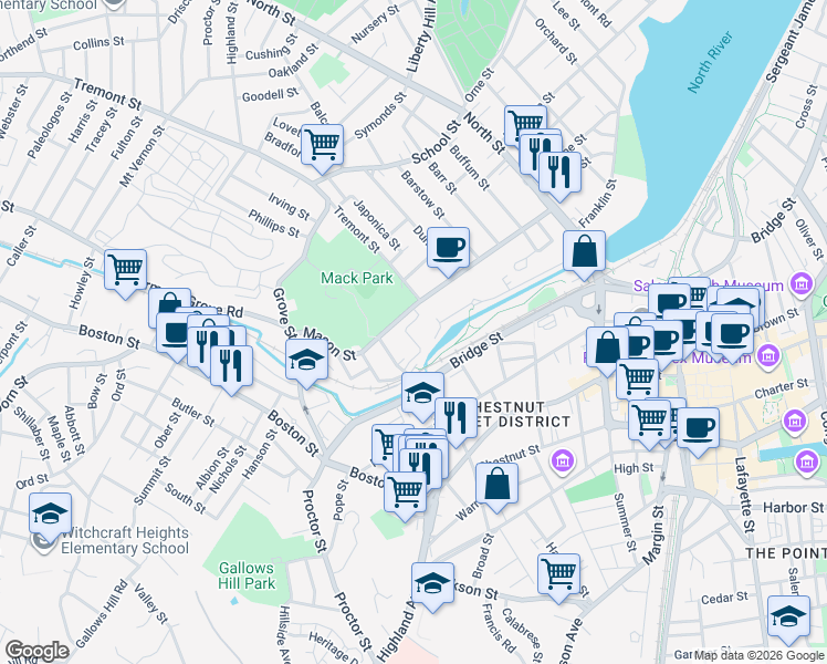 map of restaurants, bars, coffee shops, grocery stores, and more near 80 Flint Street in Salem