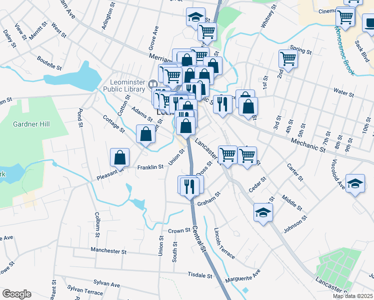 map of restaurants, bars, coffee shops, grocery stores, and more near 116 Central Street in Leominster