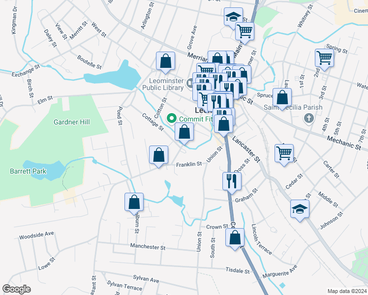 map of restaurants, bars, coffee shops, grocery stores, and more near 114 Pleasant Street in Leominster
