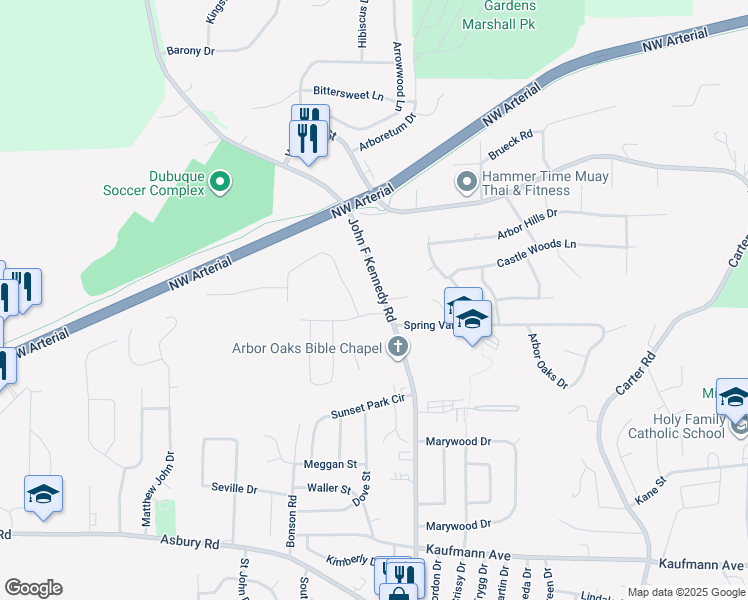 map of restaurants, bars, coffee shops, grocery stores, and more near 3340 David Drive in Dubuque