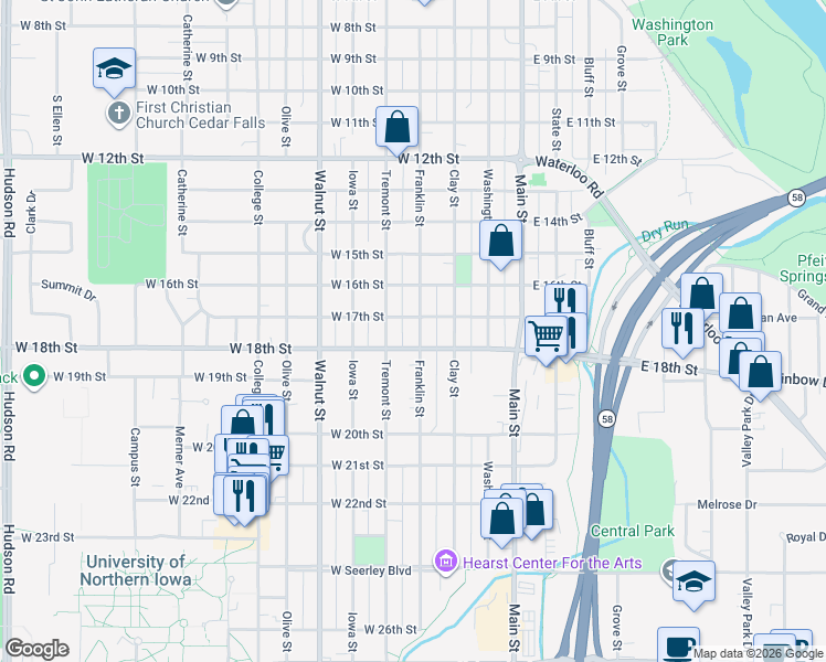 map of restaurants, bars, coffee shops, grocery stores, and more near 1802 Franklin Street in Cedar Falls