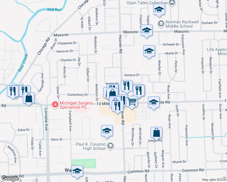 map of restaurants, bars, coffee shops, grocery stores, and more near 11575 13 Mile Road in Warren