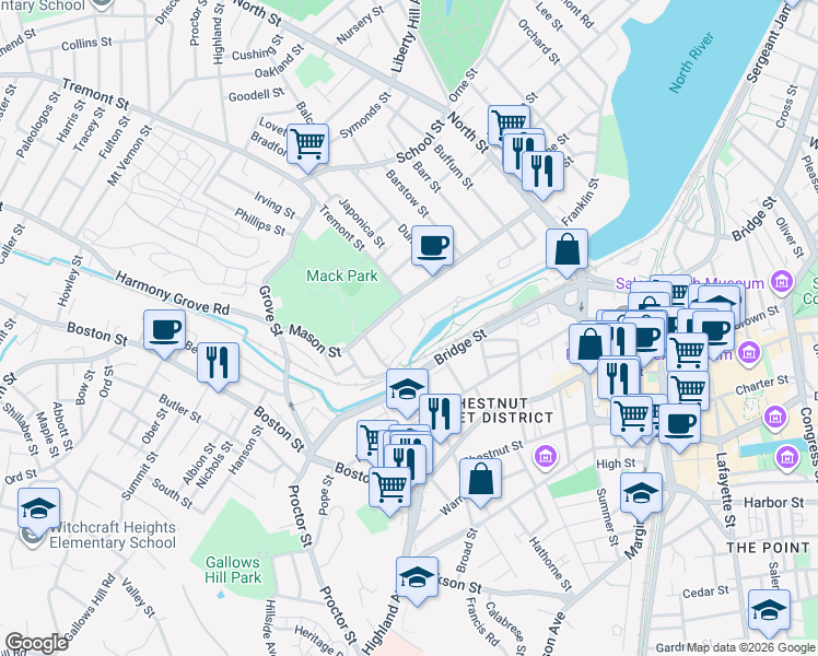 map of restaurants, bars, coffee shops, grocery stores, and more near 72 Flint Street in Salem