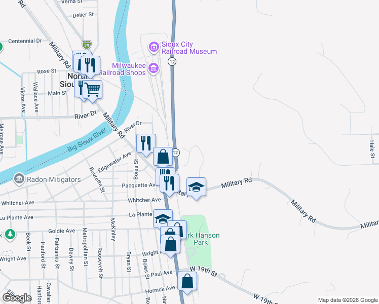 map of restaurants, bars, coffee shops, grocery stores, and more near 2698 Wilson Street in Sioux City