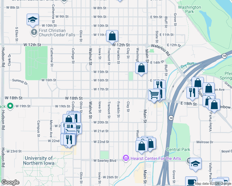 map of restaurants, bars, coffee shops, grocery stores, and more near 1802 Franklin Street in Cedar Falls