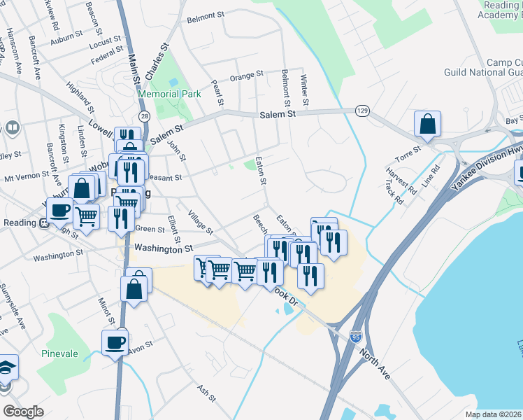 map of restaurants, bars, coffee shops, grocery stores, and more near 13 Elm Street in Reading