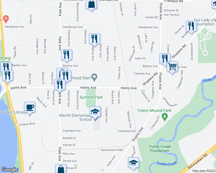 map of restaurants, bars, coffee shops, grocery stores, and more near 1803 Fayette Avenue in Beloit
