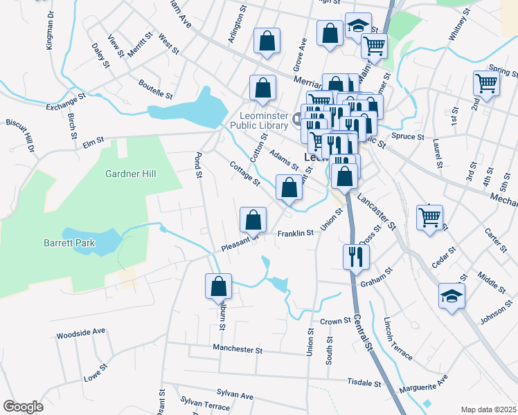 map of restaurants, bars, coffee shops, grocery stores, and more near 48 Cottage Street in Leominster