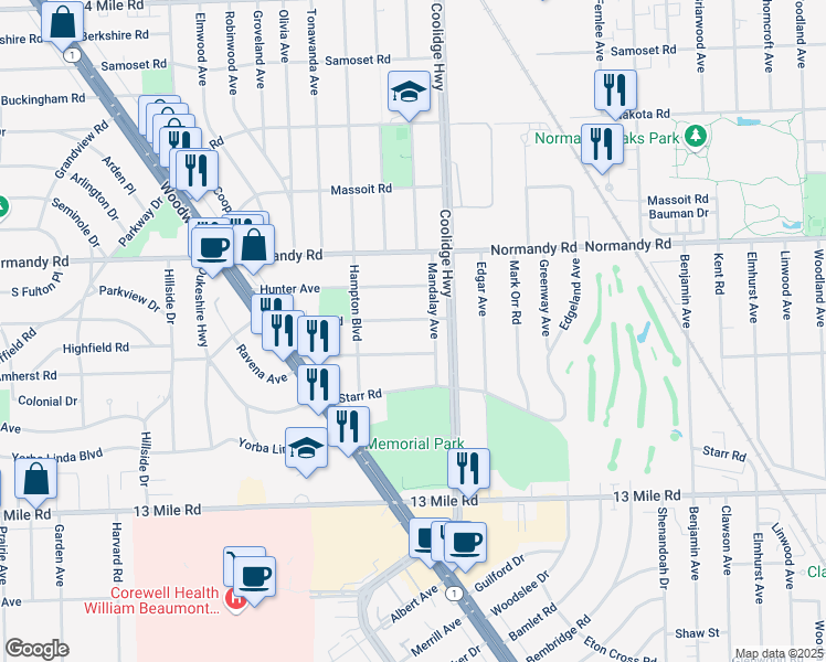 map of restaurants, bars, coffee shops, grocery stores, and more near 3320 Chester Road in Royal Oak