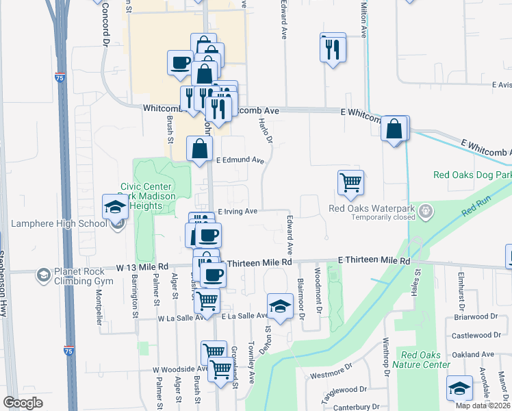 map of restaurants, bars, coffee shops, grocery stores, and more near 31335 Harlo Drive in Madison Heights