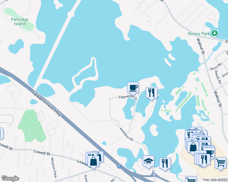map of restaurants, bars, coffee shops, grocery stores, and more near 701 Edgewater Drive in Wakefield