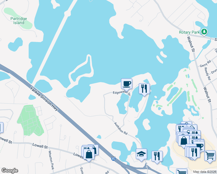 map of restaurants, bars, coffee shops, grocery stores, and more near 701 Edgewater Drive in Wakefield