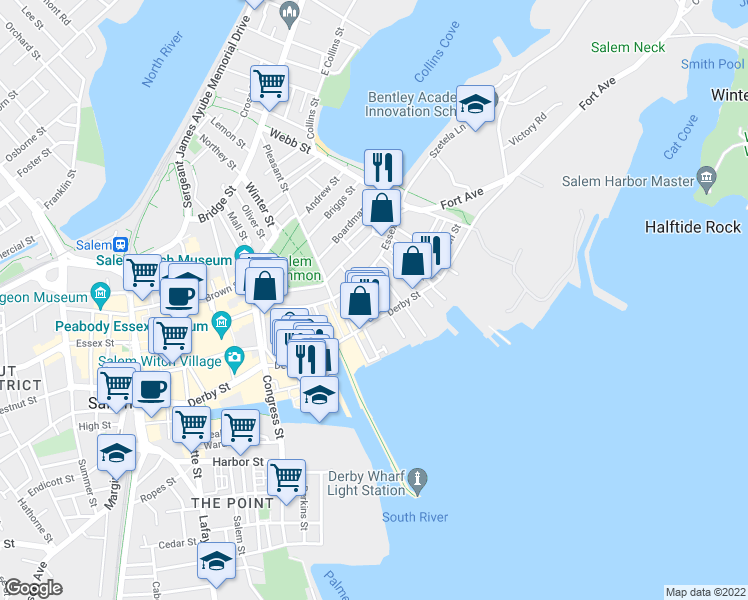 map of restaurants, bars, coffee shops, grocery stores, and more near 43 Essex Street in Salem