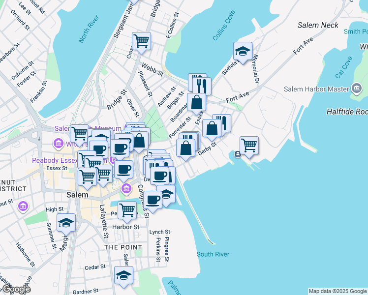 map of restaurants, bars, coffee shops, grocery stores, and more near 43 Essex Street in Salem