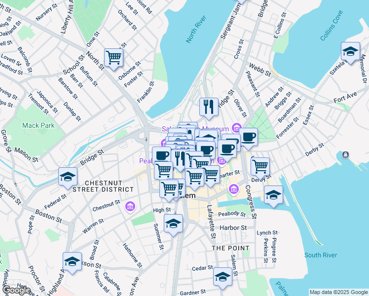 map of restaurants, bars, coffee shops, grocery stores, and more near 32 Federal Street in Salem