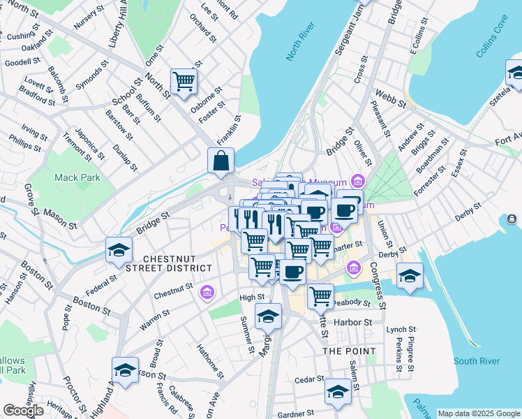 map of restaurants, bars, coffee shops, grocery stores, and more near 54 Federal Street in Salem