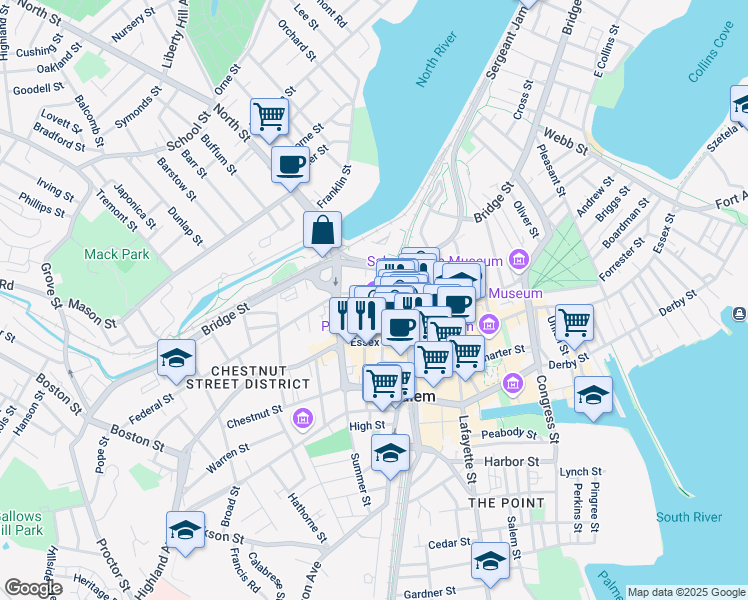 map of restaurants, bars, coffee shops, grocery stores, and more near 54 Federal Street in Salem