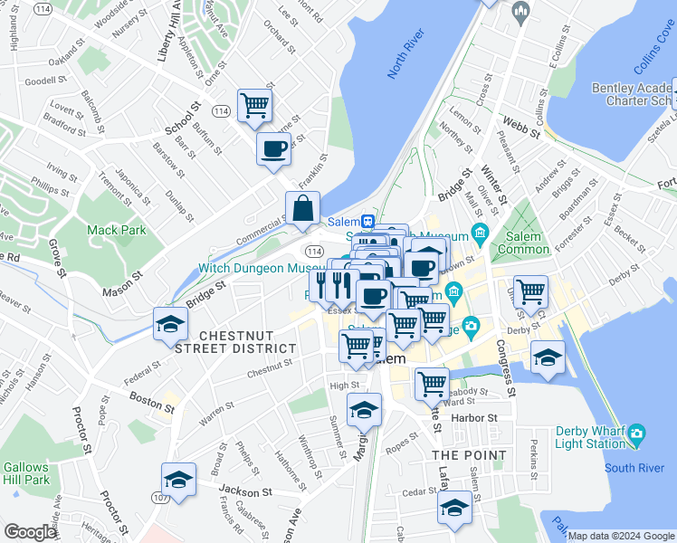 map of restaurants, bars, coffee shops, grocery stores, and more near 54 Federal Street in Salem