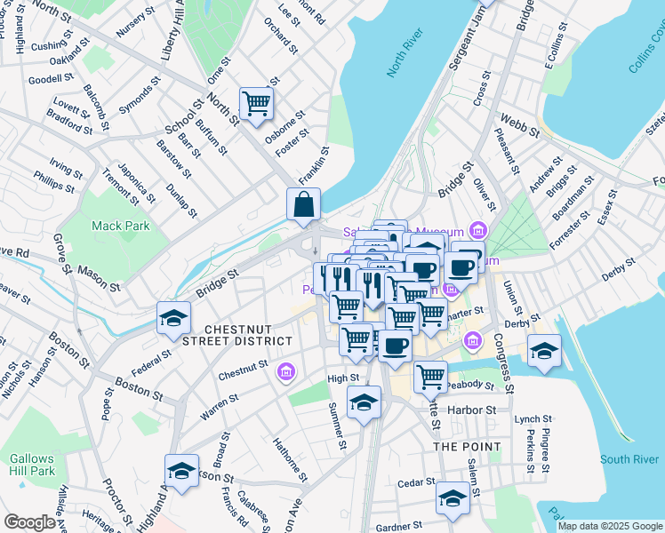 map of restaurants, bars, coffee shops, grocery stores, and more near 54 Federal Street in Salem