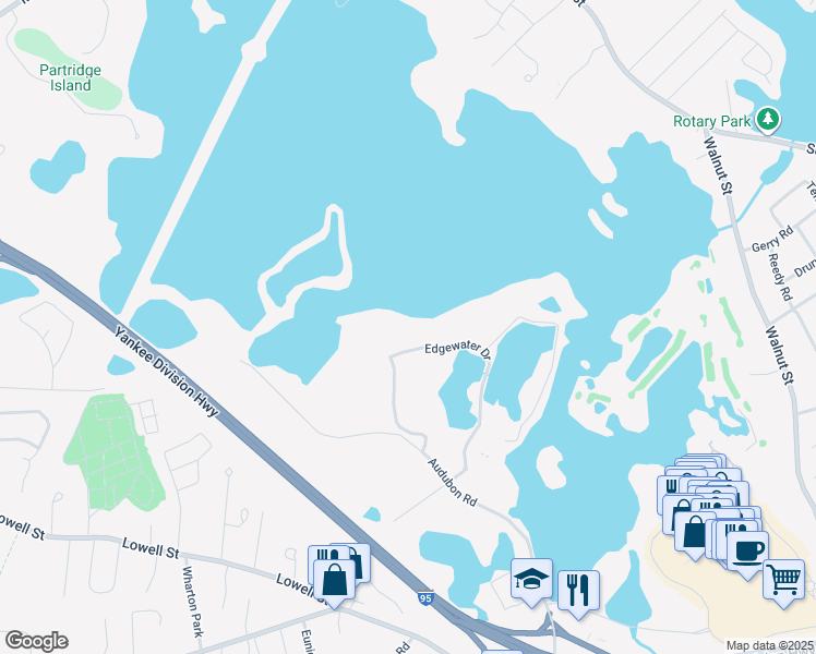map of restaurants, bars, coffee shops, grocery stores, and more near 701 Edgewater Drive in Wakefield