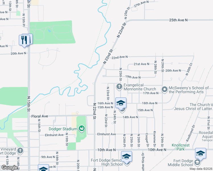 map of restaurants, bars, coffee shops, grocery stores, and more near 2223 19th Avenue North in Fort Dodge