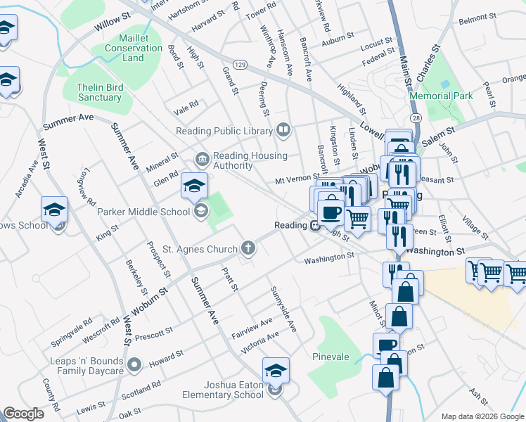 map of restaurants, bars, coffee shops, grocery stores, and more near 19 Vine Street in Reading