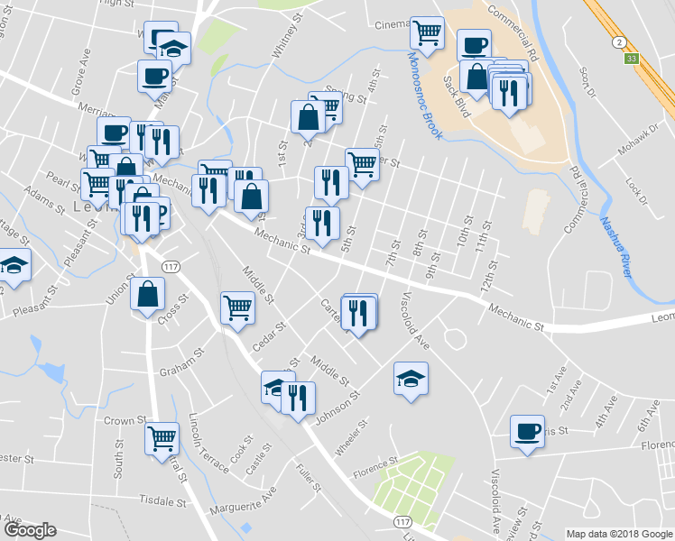 map of restaurants, bars, coffee shops, grocery stores, and more near 218 Mechanic Street in Leominster