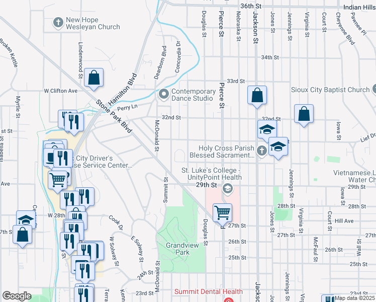 map of restaurants, bars, coffee shops, grocery stores, and more near 3001 Grandview Boulevard in Sioux City