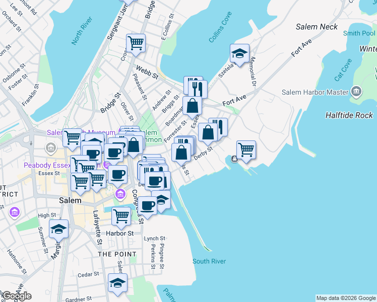 map of restaurants, bars, coffee shops, grocery stores, and more near 10 Hardy Street in Salem