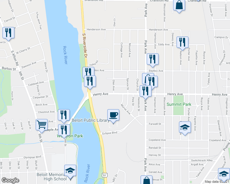 map of restaurants, bars, coffee shops, grocery stores, and more near 1805 Glen Avenue in Beloit