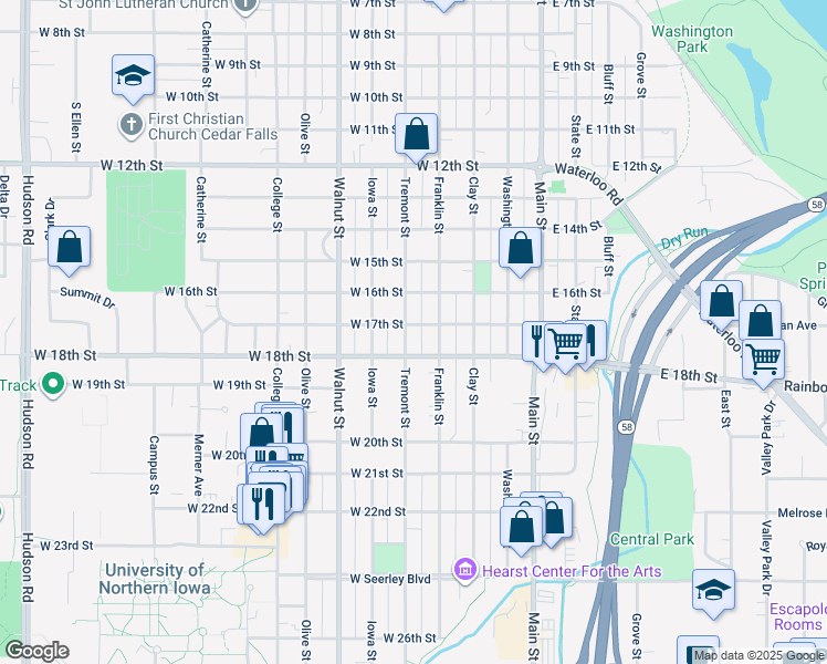 map of restaurants, bars, coffee shops, grocery stores, and more near 1704 Tremont Street in Cedar Falls