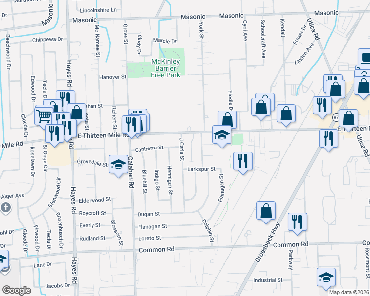 map of restaurants, bars, coffee shops, grocery stores, and more near 30844 J Carls Street in Roseville